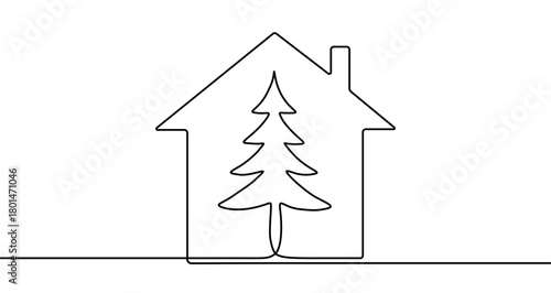 Silhouette of a house with a Christmas tree outline inside, drawn with one continuous line. Symbol of eco-friendly living. Vector illustration.
