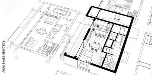 house architectural project sketch 3d illustration	
