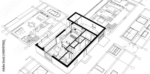 house architectural project sketch 3d illustration	
