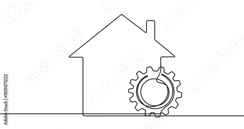 Silhouette of a house with a gear wheel inside, drawn with one continuous line. Symbol of home maintenance. Vector illustration.