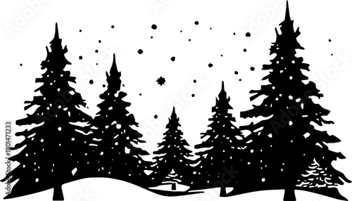 Shilouette illustration of a winter landscape Christmast tree
