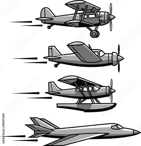Airplane illustration set, vintage and modern aircraft graphics, aviation silhouette collection, flight transportation icons for design, aeronautic vector elements pack