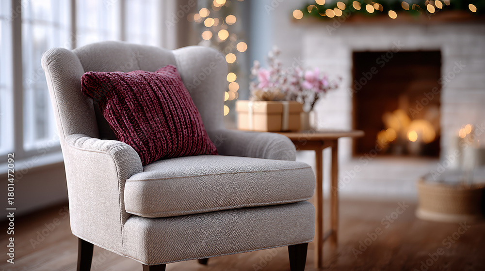 Naklejka premium Cozy wellness corner. Soft armchair with red cushion stands by fireplace and small tree in warm living room, inviting for quiet reading, rest and evening self-care.