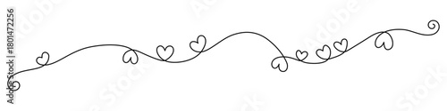 Decorative wavy divider with hearts and spirals. Drawing of a romantic border with editable black stroke on white background. Vector illustration.