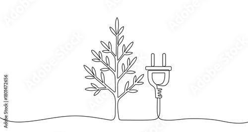 Tree with electric plug in one line art style. Symbol of green energy with editable black stroke. Vector illustration.