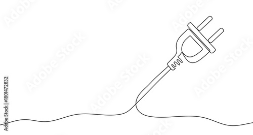 Electric plug with a cable coming from a wavy line in one line art style. Symbol of electricity with editable black stroke. Vector illustration.