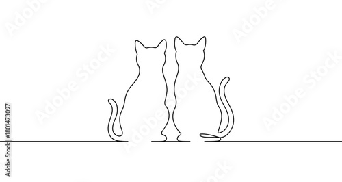 Two cats sitting back to back in one line art style. Symbol of friendship and animal love with editable black stroke. Vector illustration.