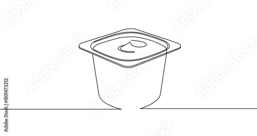 Square yogurt or dessert cup in one line art style. Drawing of food packaging with editable black stroke. Vector illustration.