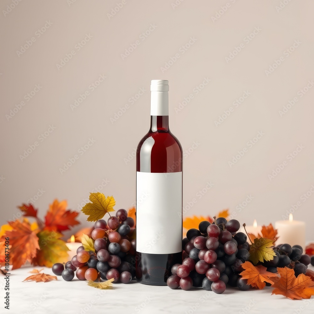 Obraz premium Red wine bottle, fresh grapes, autumn leaves, and cozy candles.