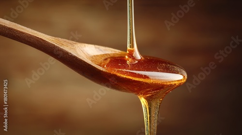 oligarchy. Golden honey dripping from a wooden spoon against a natural wood background. menu design, packaging mockups, designed for culinary blogs and recipe cards for restaurants.