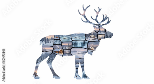 Artistic collage of winter landscapes forming the elegant silhouette of a majestic reindeer, capturing frosty scenes and natural serenity
