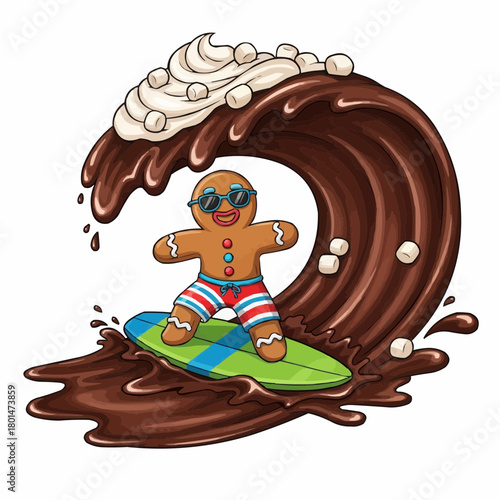 A whimsical gingerbread man in sunglasses catches a sweet chocolate wave, riding an exciting adventure with marshmallows on a vibrant surfboard