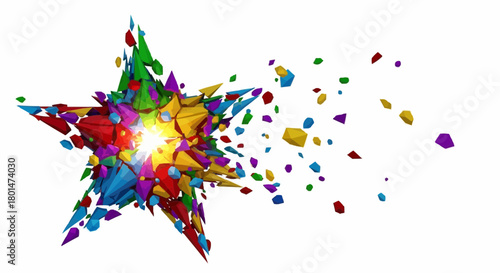 Vibrant geometric star exploding into a cascade of colorful fragments, symbolizing dynamic energy and celebration