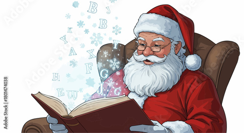 Jolly Santa Claus, with his iconic beard and glasses, deeply engrossed in a magical storybook, as glowing letters and winter snowflakes softly drift