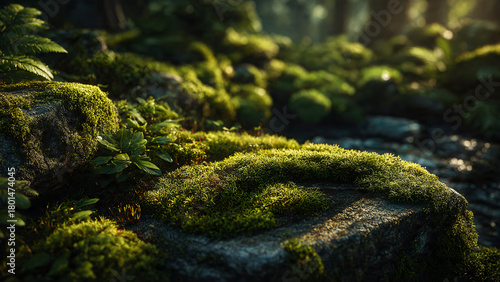 Sous-bois, sol de la forêt, rocher avec mousse, socle pour présentation produit