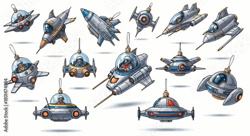 Collection of Diverse Retro-Futuristic Spaceships and Submarines Whimsical Cartoon Sci-Fi Vehicles Set