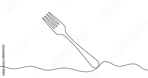 Fork tilted and stuck into the ground in one line art style. Symbol of dining or a process with editable black stroke. Vector illustration.