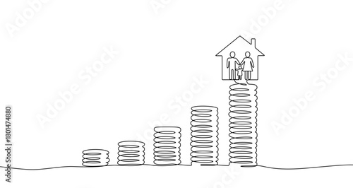 Four stacks of coins in increasing height with a house and a family silhouette on top, in one line art style. Vector illustration.