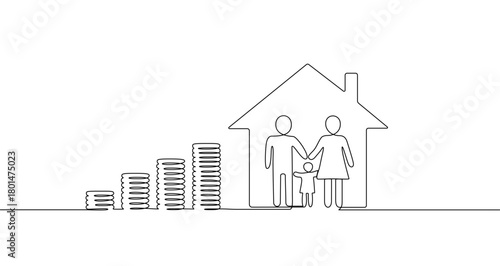 Family parents with child in house next to growing coin stacks in one line art style. Symbol of family budget, investment, and financial security. Vector illustration.