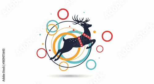 Joyful jumping reindeer illustration amidst a playful burst of colorful abstract circles, perfect for festive winter holiday designs