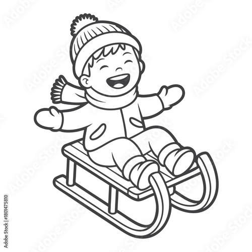 Joyful Winter Sledding Adventure Line Art