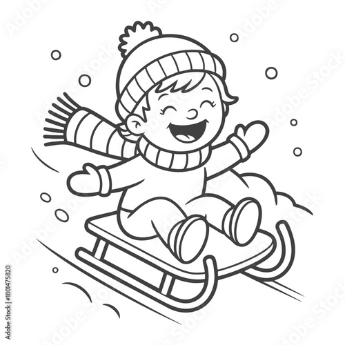 Joyful Winter Sledding Adventure Line Art