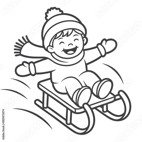 Joyful Winter Sledding Adventure Line Art