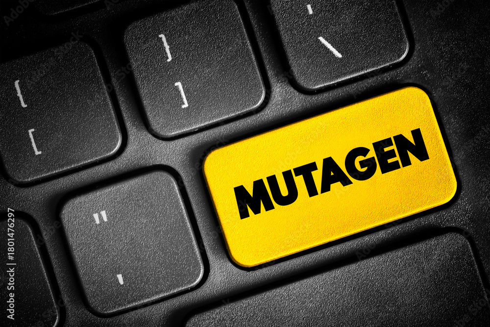 Naklejka premium Mutagen - anything that causes a mutation (a change in the DNA of a cell), text button on keyboard, concept background