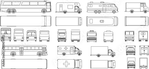 Technical vector set of passenger, leisure, and utility vehicles (bus, RV, ambulance, box truck) in side, plan, front, and rear views.