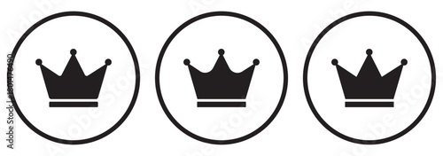 Crown icons set. King, Princess crowns. Royal crown symbol collection. Three crown icons inside circles representing royalty power leadership and authority.