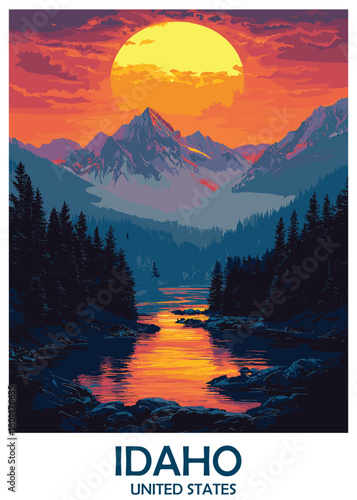 Idaho mountain landscape vector illustration featuring a winding river, dense forest, majestic peaks, and massive orange sunset, scenic travel poster.