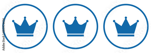 Crown icons set. King, Princess crowns. Royal crown symbol collection. Three crown icons inside circles representing royalty power leadership and authority.