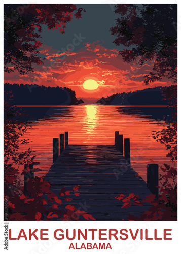 Lake Guntersville, Alabama, vector illustration of a dramatic sunset over water with deep orange reflections and a wooden pier, vintage travel poster.