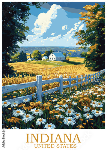Indiana United States travel poster vector art showcasing a peaceful rural summer landscape with a classic farmhouse, golden fields, and a white picket fence.