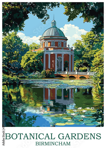 Birmingham Botanical Gardens travel poster vector art of the iconic domed building reflecting in a lily pond surrounded by vibrant green foliage and trees.