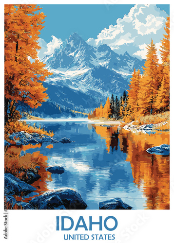 Idaho United States travel poster vector illustration of majestic snow-capped mountains reflecting in a clear alpine lake surrounded by vibrant autumn forest.