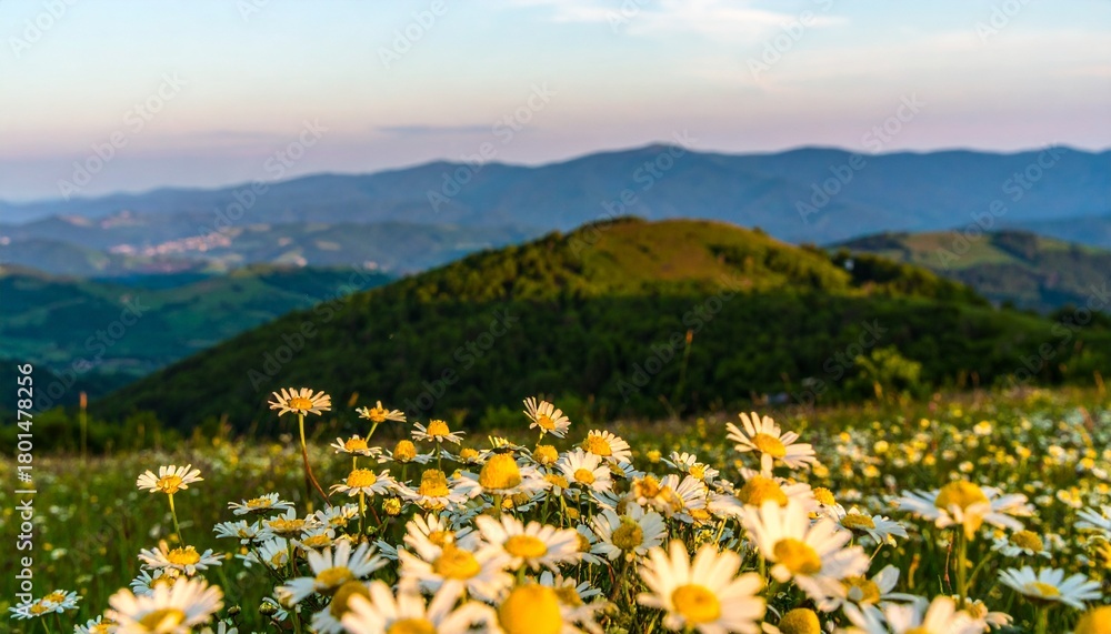 Fototapeta premium Peaceful daisy field in full bloom with forested hills and distant mountains under a soft sunrise sky.