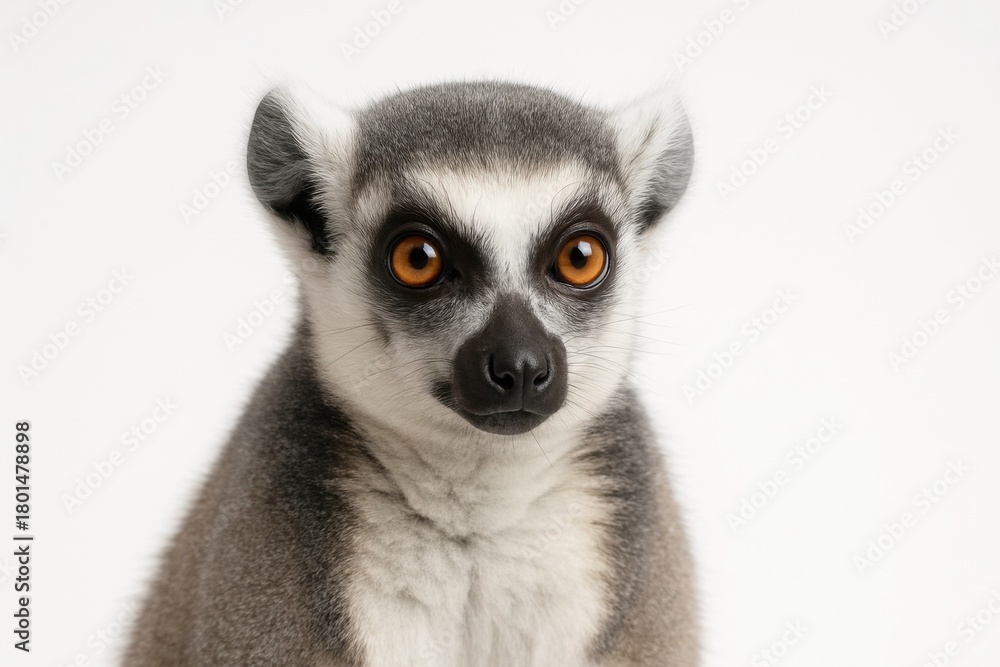 Obraz premium Lemur closeup head and shoulders portrait on white background calm expression with dark facial mask for primate wildlife and nature themes