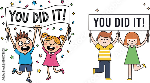 Cartoon children celebrating achievement, motivational banner illustration, joyful success moment, congratulatory message art, happy kids with signs, festive encouragement scene