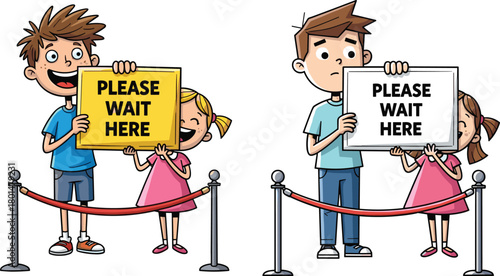 Cartoon children holding please wait here signs, queue line illustration showing kids standing behind barriers, safety waiting message for public spaces