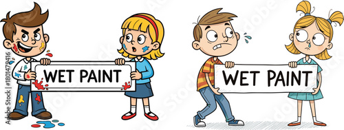 Cartoon children holding wet paint signs with playful expressions, colorful splatters, humorous reactions, creative illustration concept for art, warning, and education themes