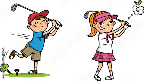 Cartoon children playing golf, sports activity illustration, imaginative swing moment, fun outdoor game, athletic kids concept, cheerful golf scene art