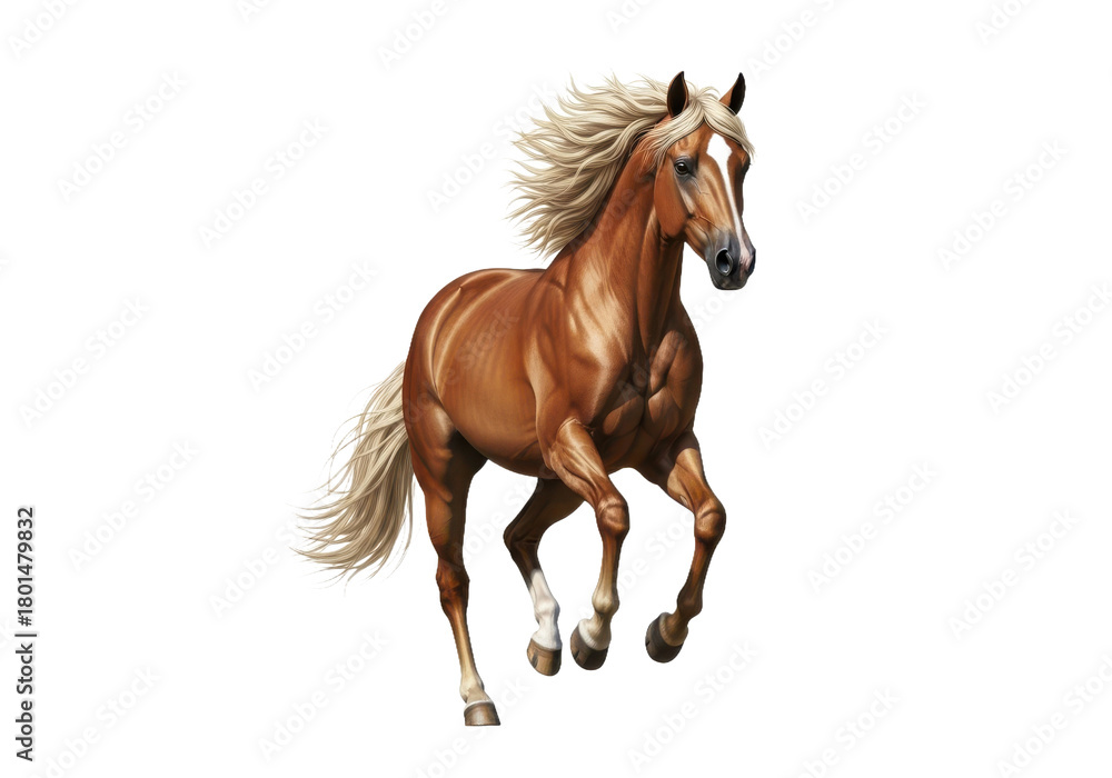 Obraz premium Majestic palomino horse gallops with grace, its flowing mane catching the wind, perfect for equestrian themes or adding a touch of wild beauty to designs
