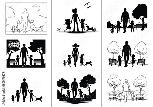 Black silhouette family walking together in park with children and dog, parent and kids outdoor bonding, nature background, happy family illustration