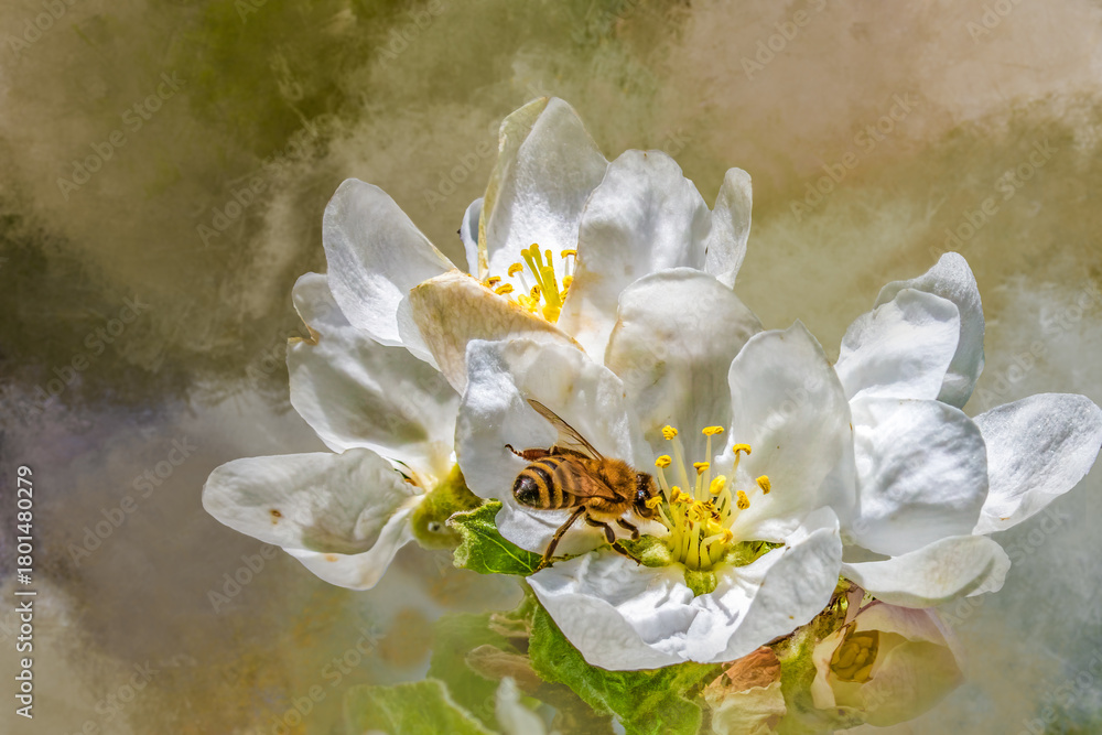 Obraz premium Honey Bee Pollinating White Apple Blossom Flower in Springtime Fog with Copy Space