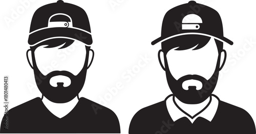 Two men with beards and baseball caps silhouette