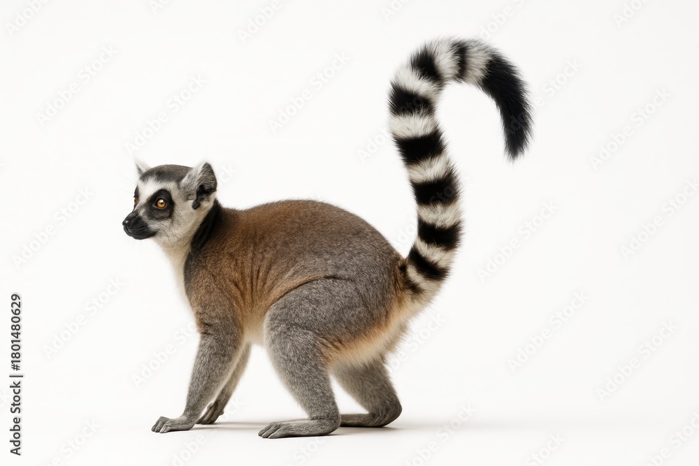 Fototapeta premium Lemur rear three quarter standing view on white background body angled left with long banded tail arcing upward for primate nature and jungle themes