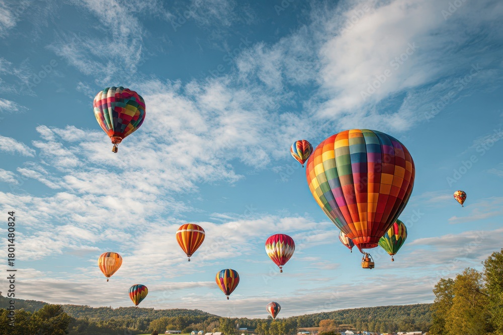 Obraz premium Vibrant balloon display: a flotilla of colorful balloons filling a bright blue sky