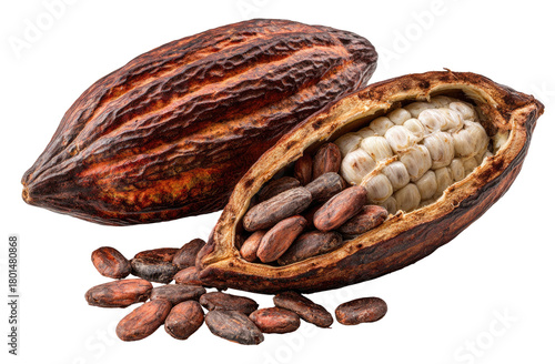 Ripe cocoa pods revealed, showing rich brown exterior and creamy white interior