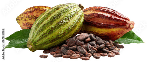 Three cocoa pods and roasted beans with green leaves, vibrant colors